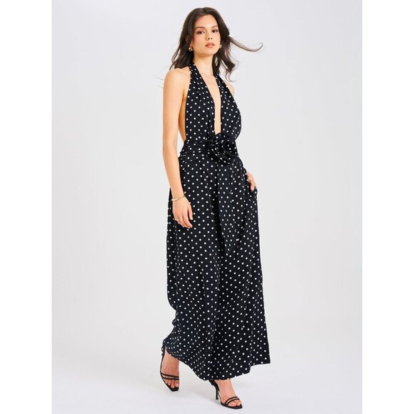 Oriana Black Polka Dots Halter Jumpsuit - Picture 15 of 16